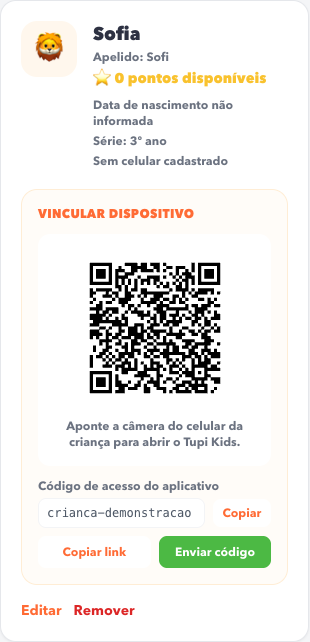 QR Code gerado pela tela real com perfil de demonstração. Use o código do seu próprio cadastro.