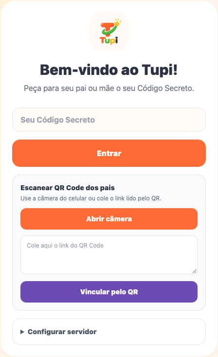 Tela real do app web infantil com leitura de QR Code e entrada por código secreto.